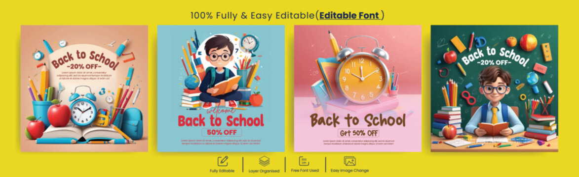 Welcome back to school sale social media posts, ads, banners template bundle for back to school admission, event, party design fully editable, easy customizable, eye-catching design