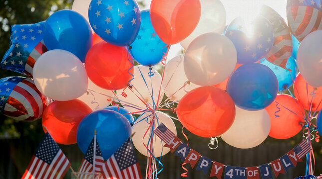 Patriotic Balloons and Flags Celebrate Fourth of July Holiday Outdoors