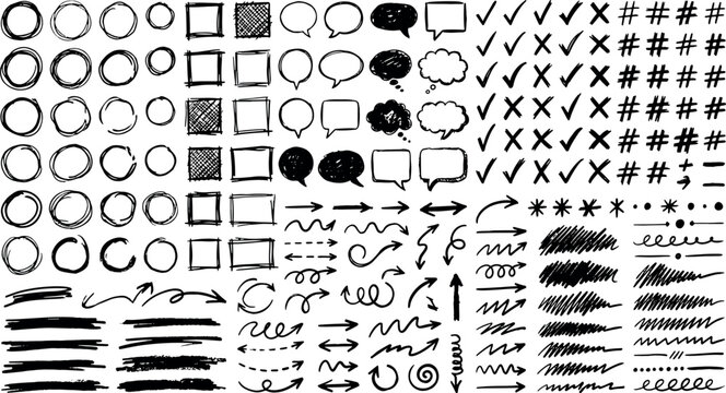 Huge collection of hand drawn doodle design elements featuring arrows circles squares check marks speech bubbles and scribbles vector illustration