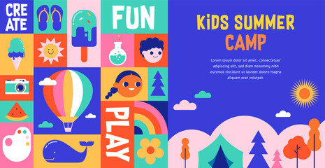 Fototapeta na wymiar Geometric kids summer camp poster template with fun outdoor activities icons. Colorful summer background vector illustration.