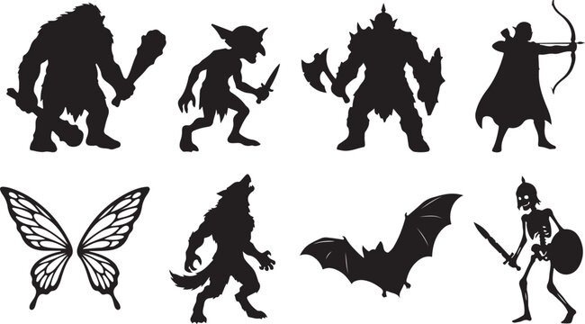 Halloween icons, monster silhouettes, black vector set, 8 elements, mythical creatures