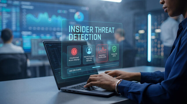 Black female specialist using AI for insider threat detection, monitoring internal account behavior and anomalous activity spikes on a holographic laptop interface