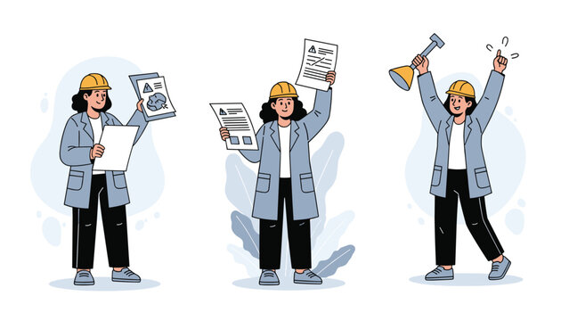 Versatile female worker in a hard hat and lab coat shown examining technical plans, holding reports, and celebrating with tools.