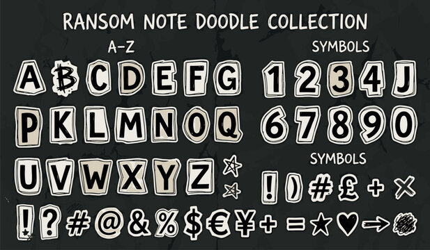 Hand drawn ransom note doodle alphabet letters numbers and symbols collection with cutout paper style for creative mystery design projects vector illustration