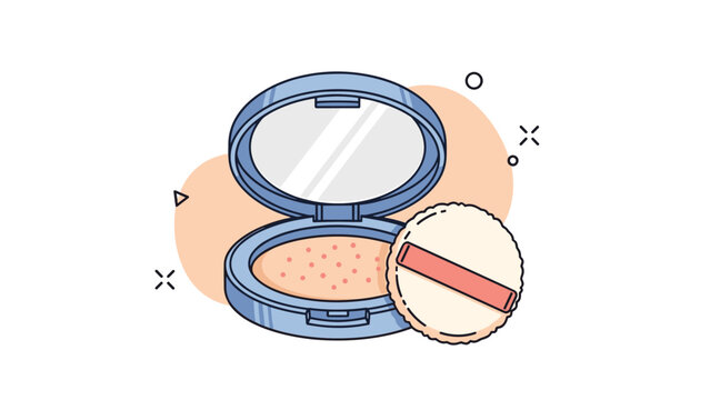 Detailed illustration of an open cosmetic powder compact case with visible makeup powder and a soft makeup puff applicator.