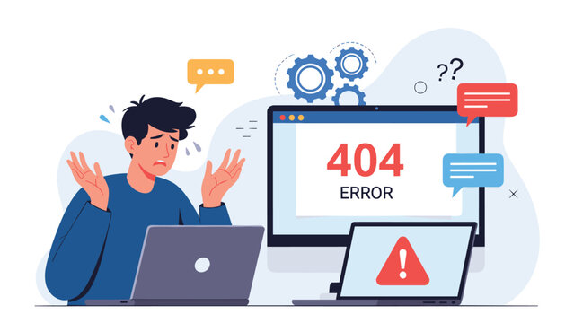 Frustrated man experiencing technical difficulties and a 404 error message while working on his computer in an office.