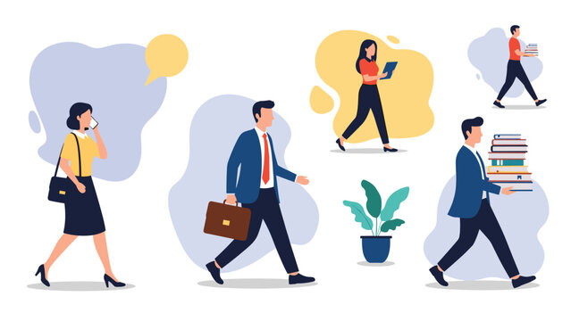 Diverse group of business professionals walking in a busy city environment representing a typical workday and commute.