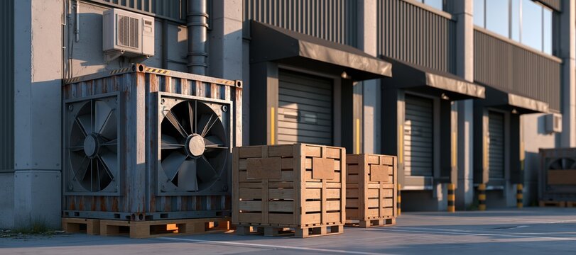 Warehouse loading dock with large industrial fans and wooden pallets