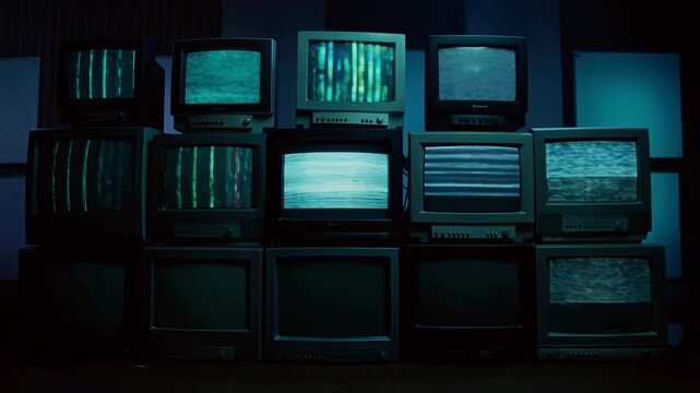 Vintage Screens With Static Noise. CRT Displays Emit Flickering Signals Amid Colorful Interference