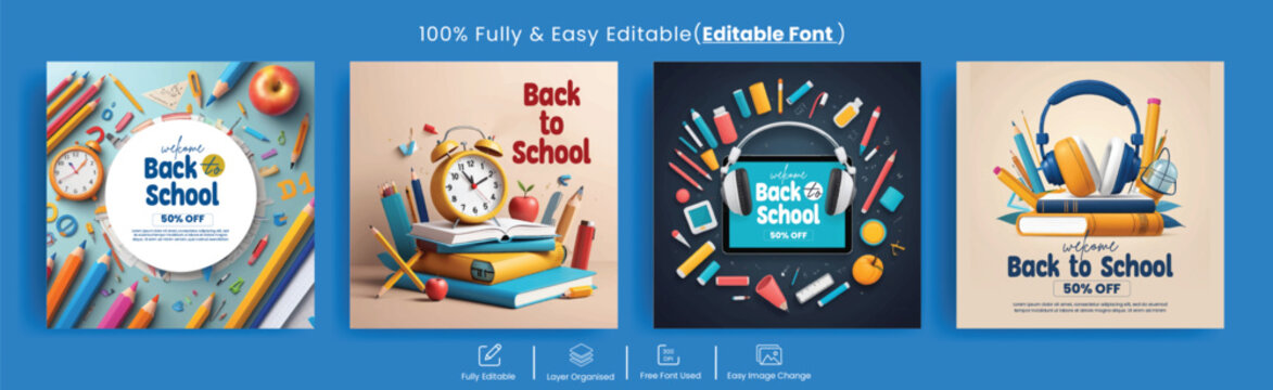 Welcome back to school sale social media posts, ads, banners template bundle for back to school admission, event, party design fully editable, easy customizable, eye-catching design