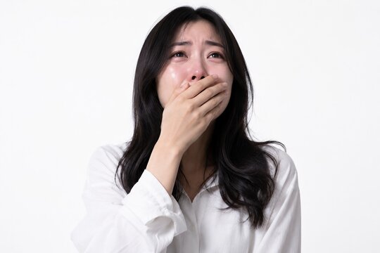 Young Asian woman with uncontrollable sadness emotion concept on solid white background 