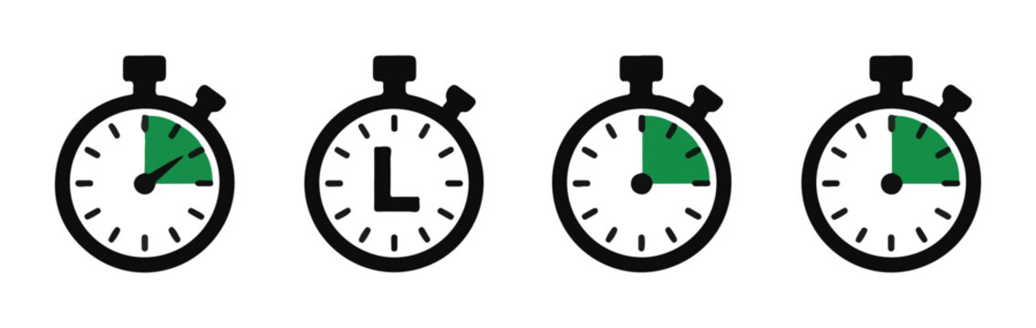 Collection of green and black stopwatch timer icons for measuring time intervals and task duration.