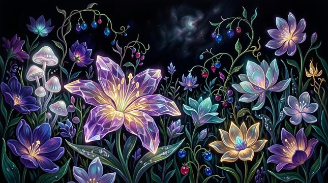 Enchanted glowing flowers and mushrooms bloom under a mystical night sky.