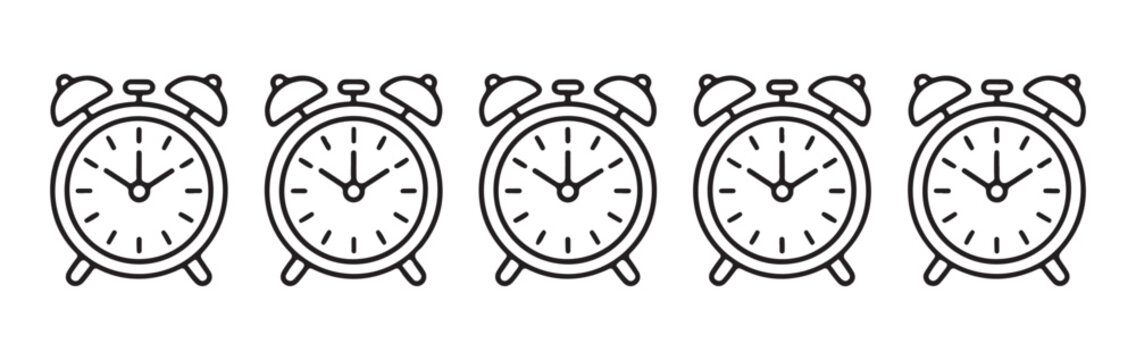 Retro alarm clock icons with various hand positions for morning schedule and time measurement design.