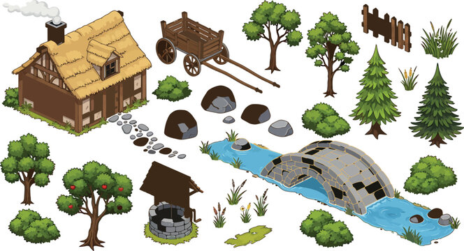 Isometric medieval village assets with cottage, stone bridge, trees, and rural landscape elements for game design projects
