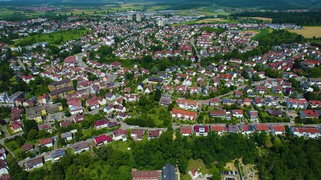 Aerial view of the city Backnang in Germany on a sunny day in spring.