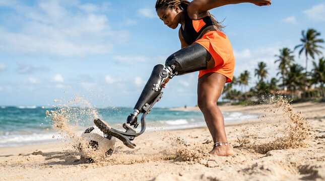 Young athletic black woman with high-tech prosthetic leg kicking soccer ball on a tropical beach with sand splashing in dynamic motion