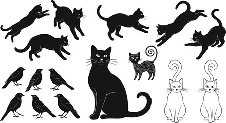 Naklejka premium Black Cat and Bird Silhouette Collection with Playful Feline Poses for Vector Illustration and Design