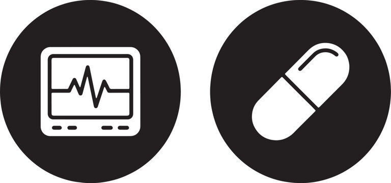 Art & Illustration, Medical monitoring and cardiology heart rate icons. Vector ekg pulse and pharmacy pill symbols in circular outline and solid styles.