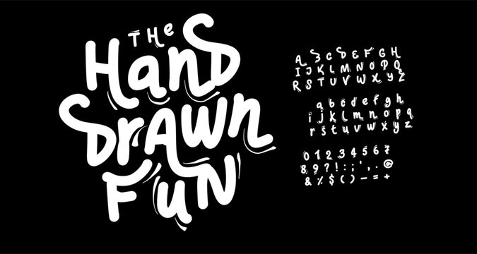 Hand drawn fun font, white playful alphabet, finger drawn marker letters, numbers, punctuation. Cartoon typography, handdrawn lettering logo, crafted kids branding, sticker design. Vector typeface