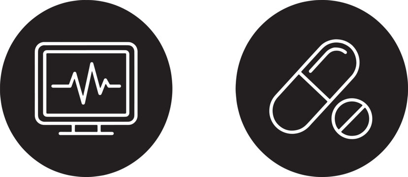 Art & Illustration, Medical monitoring and cardiology heart rate icons. Vector ekg pulse and pharmacy pill symbols in circular outline and solid styles.