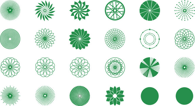 Set of green circular geometric patterns and mandala shapes for graphic design and abstract logo branding elements