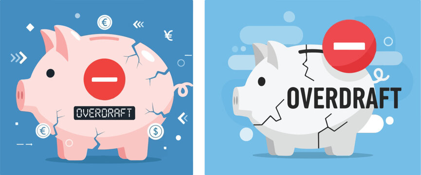 Cracked Piggy Bank with Overdraft Text and Negative Balance Icon, Financial Debt and Savings Loss Concept Illustration