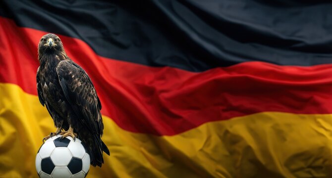 Adler auf Fu&szlig;ball vor Deutschlandflagge