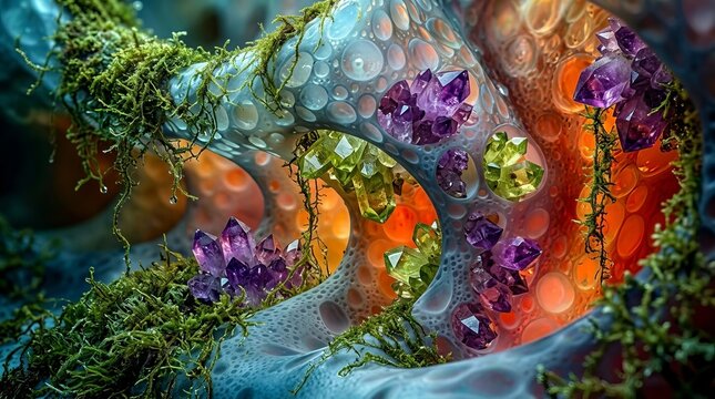 Enchanting organic structure adorned with vibrant crystals and moss, glistening with water droplets.