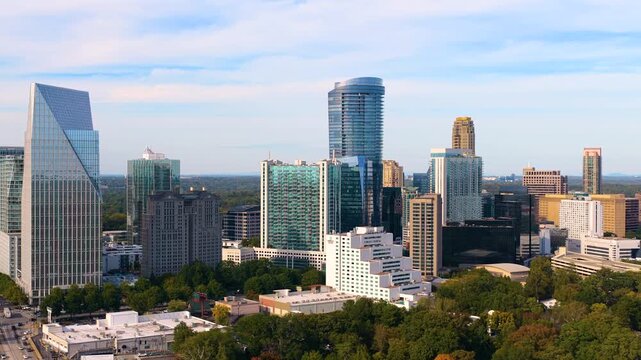 Contemporary Atlanta Buckhead city landscape with corporate and residential buildings and architecture symbolizing connectivity and economic activity. USA urban environment.