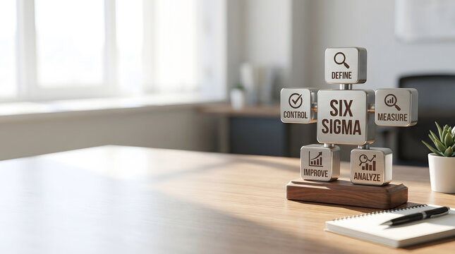 Six Sigma DMAIC methodology concept. 3D metallic blocks with define, measure, analyze, improve, and control text on a corporate office desk.