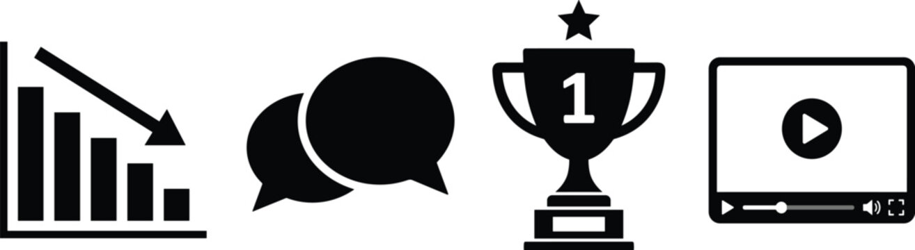 Business, statistics, graph, decreasing, arrow, speech, bubbles, chat, communication, trophy, award, winner, video, player, screen, digital, marketing, analytics, icons, set.