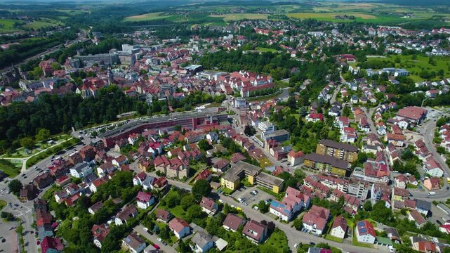 Aerial view of the old part of the city Backnang in Germany. On a cloudy day in Spring.