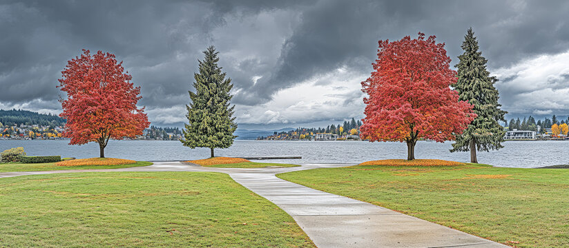Stormy weather approaches a serene lake with vibrant red trees and winding path