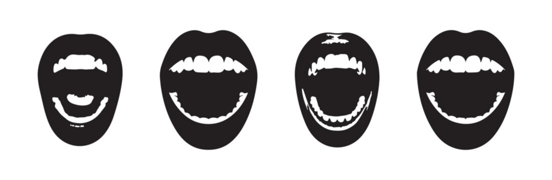Set of four woman mouth expressions black and white vector.