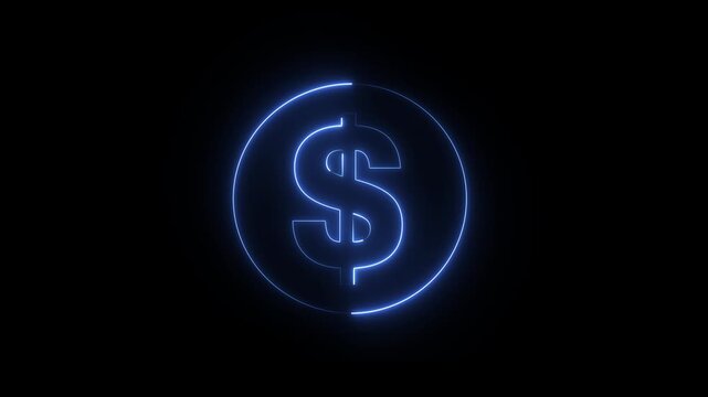 Glowing blue neon dollar sign symbol inside a circle on black background.