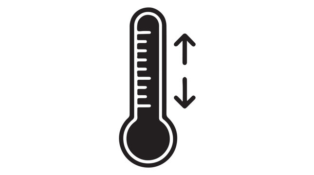 Minimalist black and white thermometer icon featuring upward and downward arrows indicating temperature increase and decrease.
