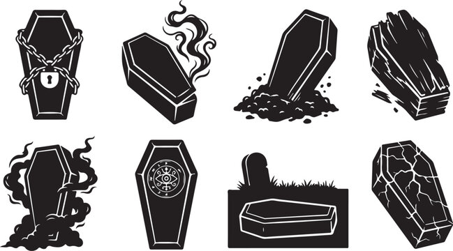 Halloween coffin icons, black vector tombstones, creepy grave markers, spooky death symbols
