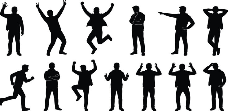Diverse collection of man silhouettes featuring various poses like jumping, waving, pointing, and celebrating representing human emotions, actions, and behavior.