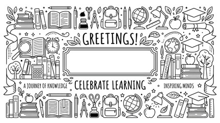 Naklejka premium Doodle style educational school theme frame illustration with school supplies.