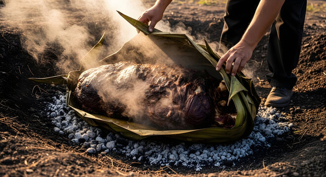 Person uncovers a traditional underground earth oven containing roasted meat wrapped in large green leaves.