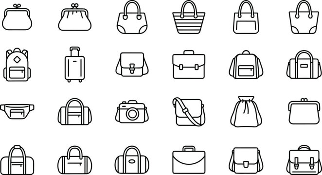 Bag and luggage icon collection featuring backpacks handbags suitcases travel accessories and fashion storage symbols
