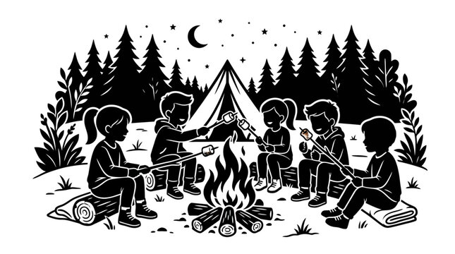 Group of children roasting marshmallows by a campfire.