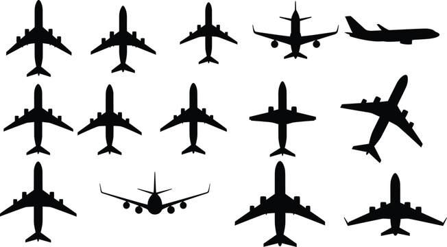 Airplane Silhouette Icons Set for Aviation Travel Passenger Aircraft Jet Top and Side View Vector Illustration Collection