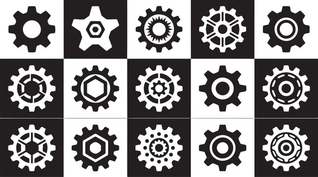 A grid of ten minimalist gear and mechanical icons in white against a black background, featuring varied shapes and designs.