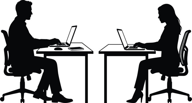 Professional silhouettes of a man and woman working on laptops at desks representing office teamwork, remote work, and digital collaboration.