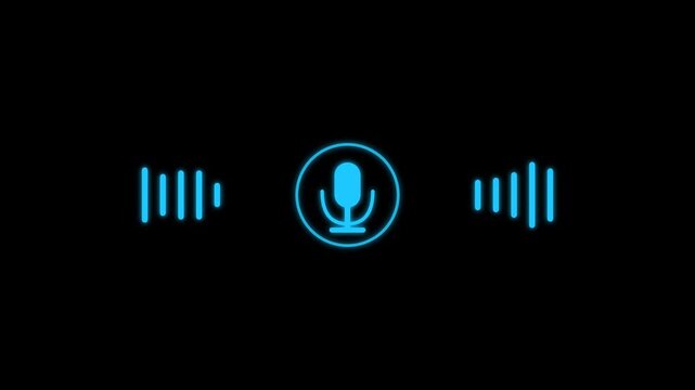 Blue voice assistant icon with sound wave on black background