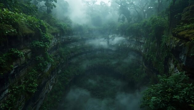 Tropical rainforest sinkhole disappearing into dense white mist