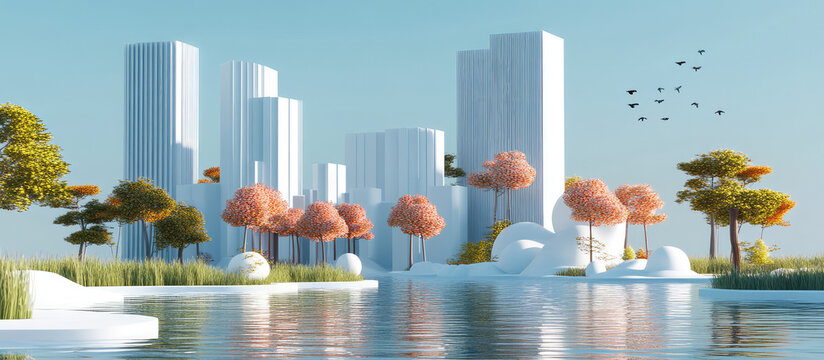 A futuristic cityscape with trees and water features a serene landscape with buildings and greenery