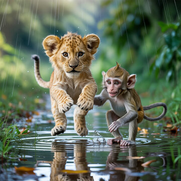 Lion cub and monkey splashing at jungle water pool